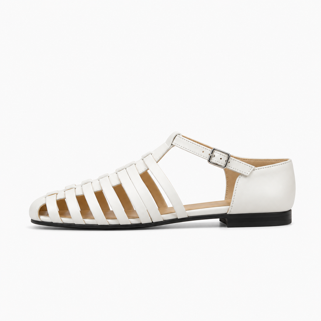 White Womens Leather-Look Fisherman Sandals side view - covered heel flat sandals UK
