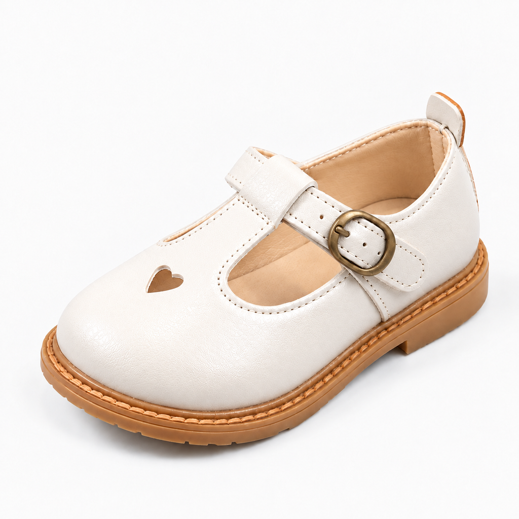White kids school ballet flats with heart cutout, buckle strap and tan sole - premium girls and boys school shoes