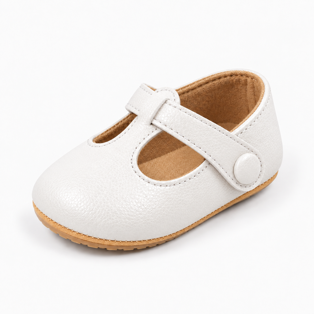 White baby bow leather princess ballet flats, premium product photo with soft sole and button strap