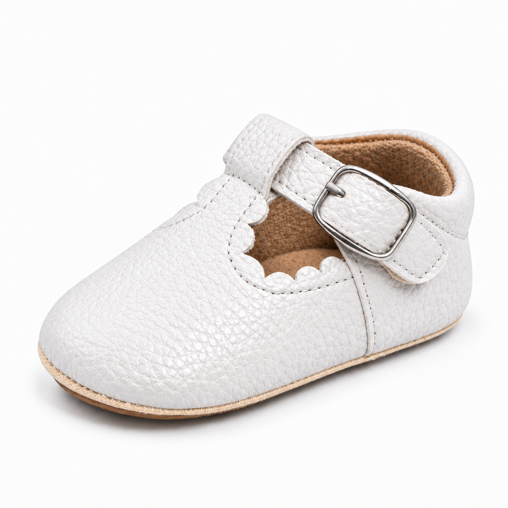White Baby Mary Jane Pre Walker Shoes with visible texture, premium baby pre walker shoes