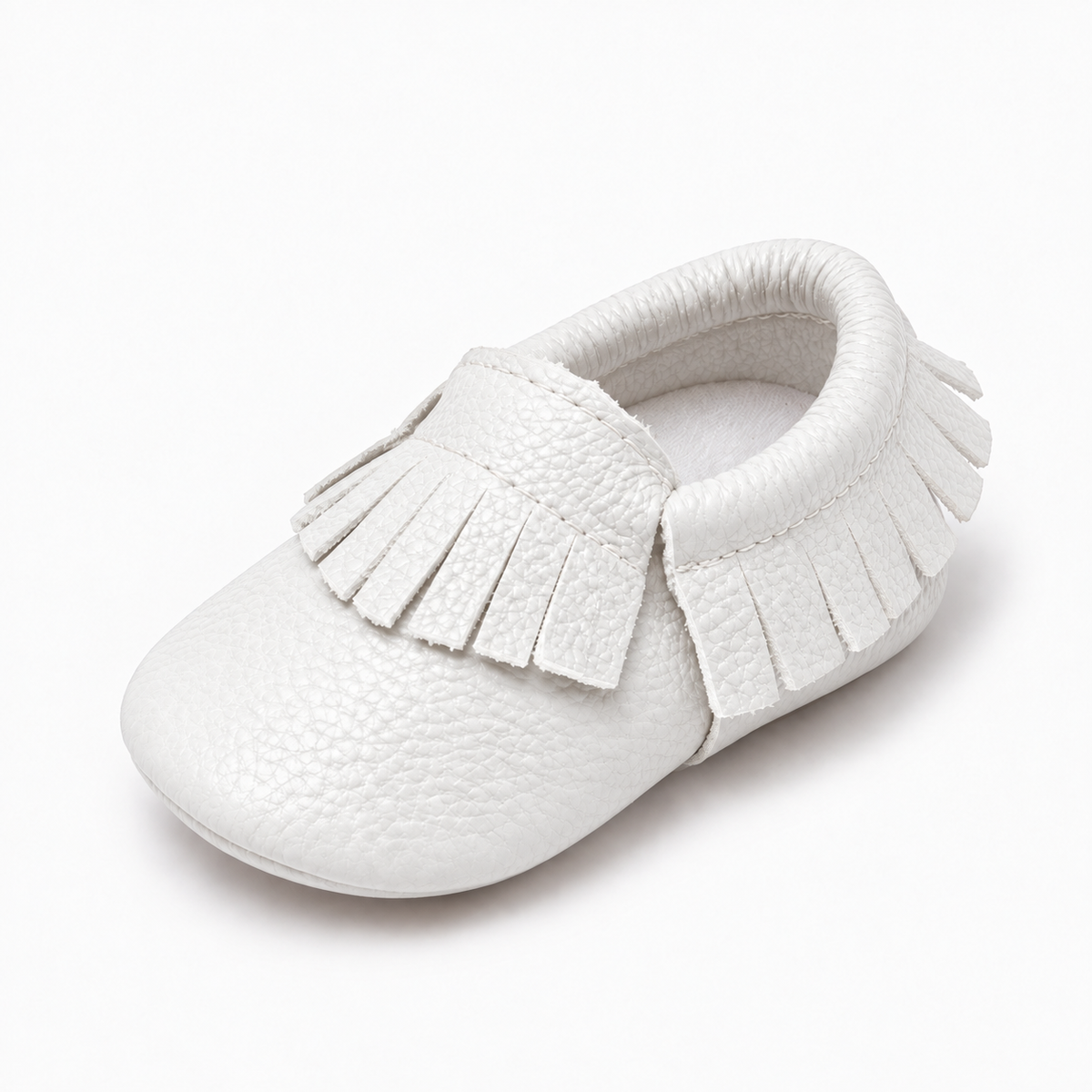 White baby leather walking ballet flats with soft sole and fringe detail, premium baby moccasin shoes