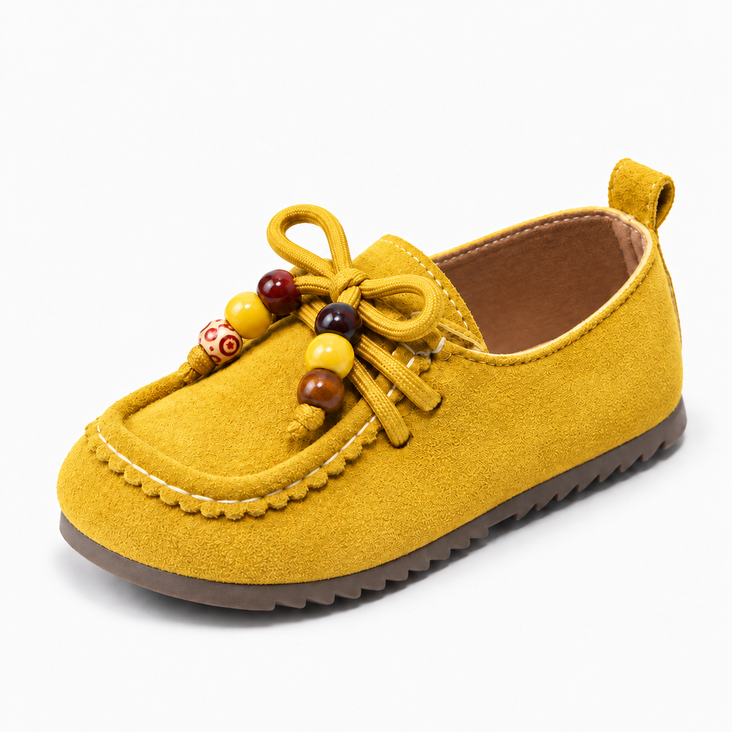 Kids Soft Sole Retro Loafers Yellow - yellow suede-style toddler loafer with beaded lace detail and flexible sole
