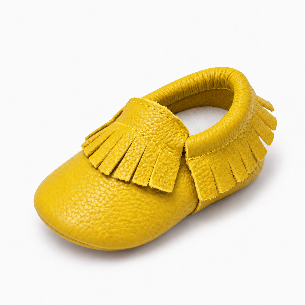 Yellow baby leather walking ballet flats with soft sole and fringe detail, premium baby moccasin shoes