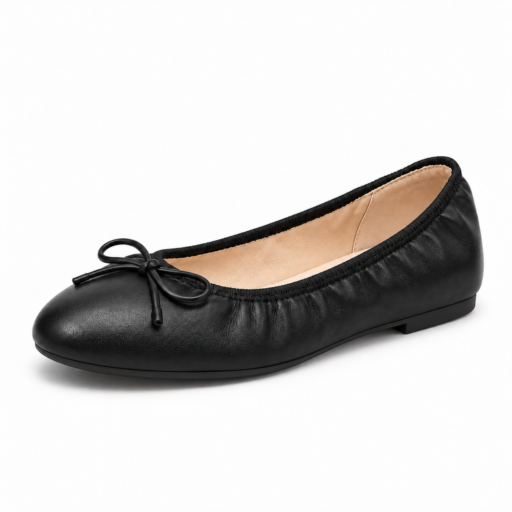 Womens Leather-Look Bow Ballet Flats close-up detail - classic bow flats UK
