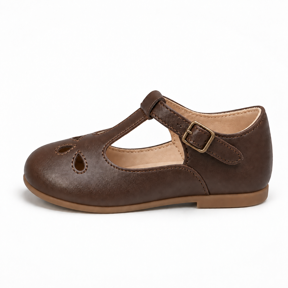 Kids school soft sole ballet flats side view with brown leather T-bar strap and teardrop cutouts