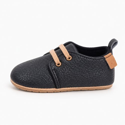 Baby Lace Up First Walker Shoes Black - vue de cote des chaussures bebe noires a lacets camel, semelle souple