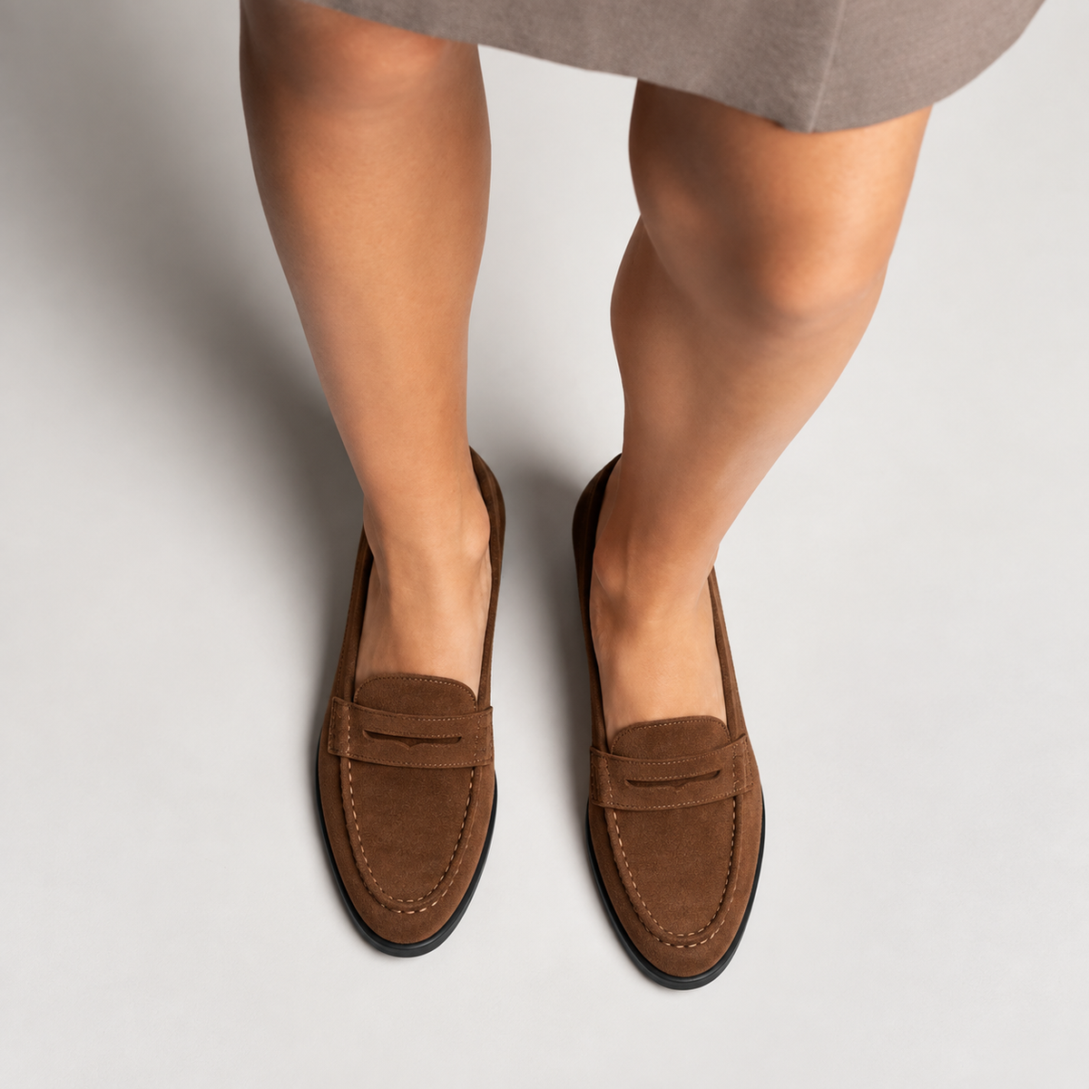 Womens Brown Suede Penny Loafers worn view - brown loafers women UK