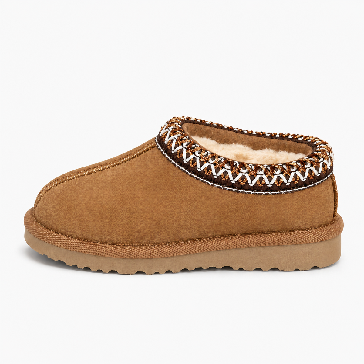 Brown kids cosy moccasin slippers side profile with gripped sole