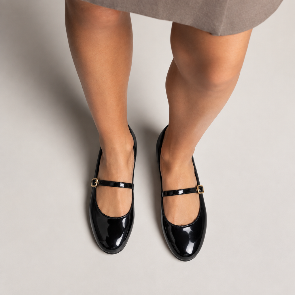 Womens Patent Mary Jane Flats worn view - patent ballet flats UK