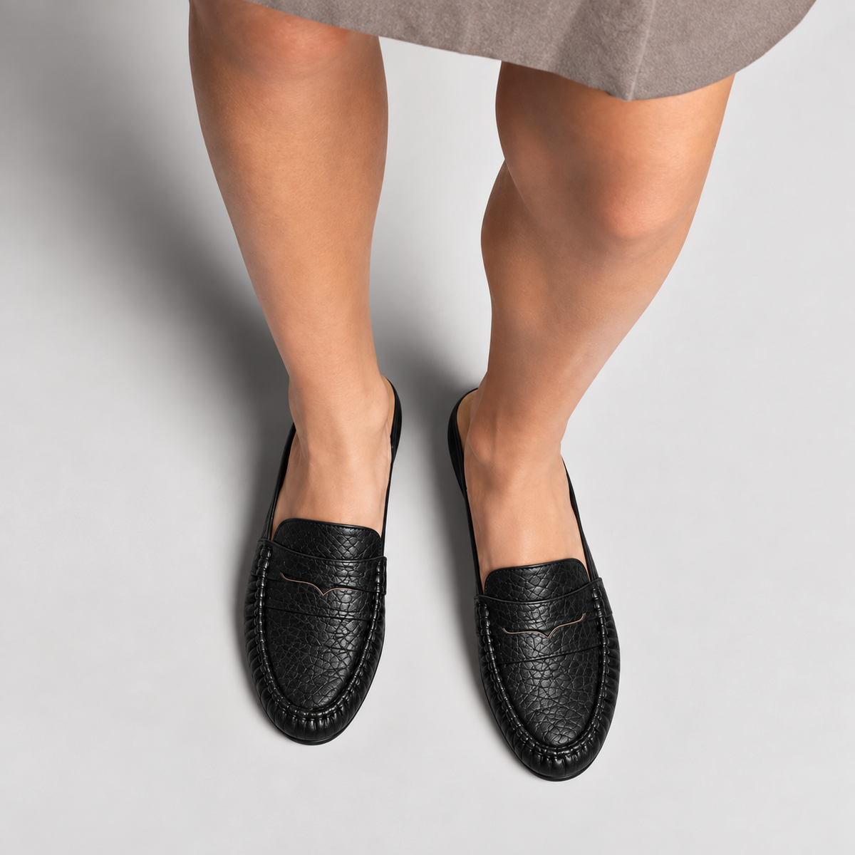 Black Womens Leather Backless Mule Loafers front angle - womens mule loafers UK
