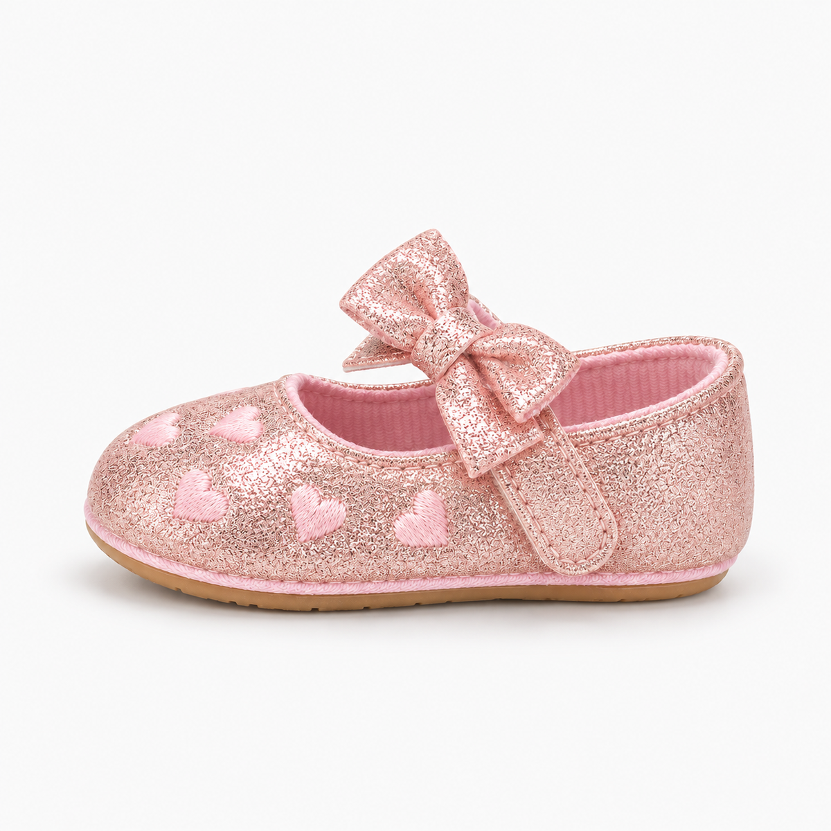 Pink Baby Heart Bow Mary Jane Shoes side profile - premium baby Mary Jane shoes with glitter bow