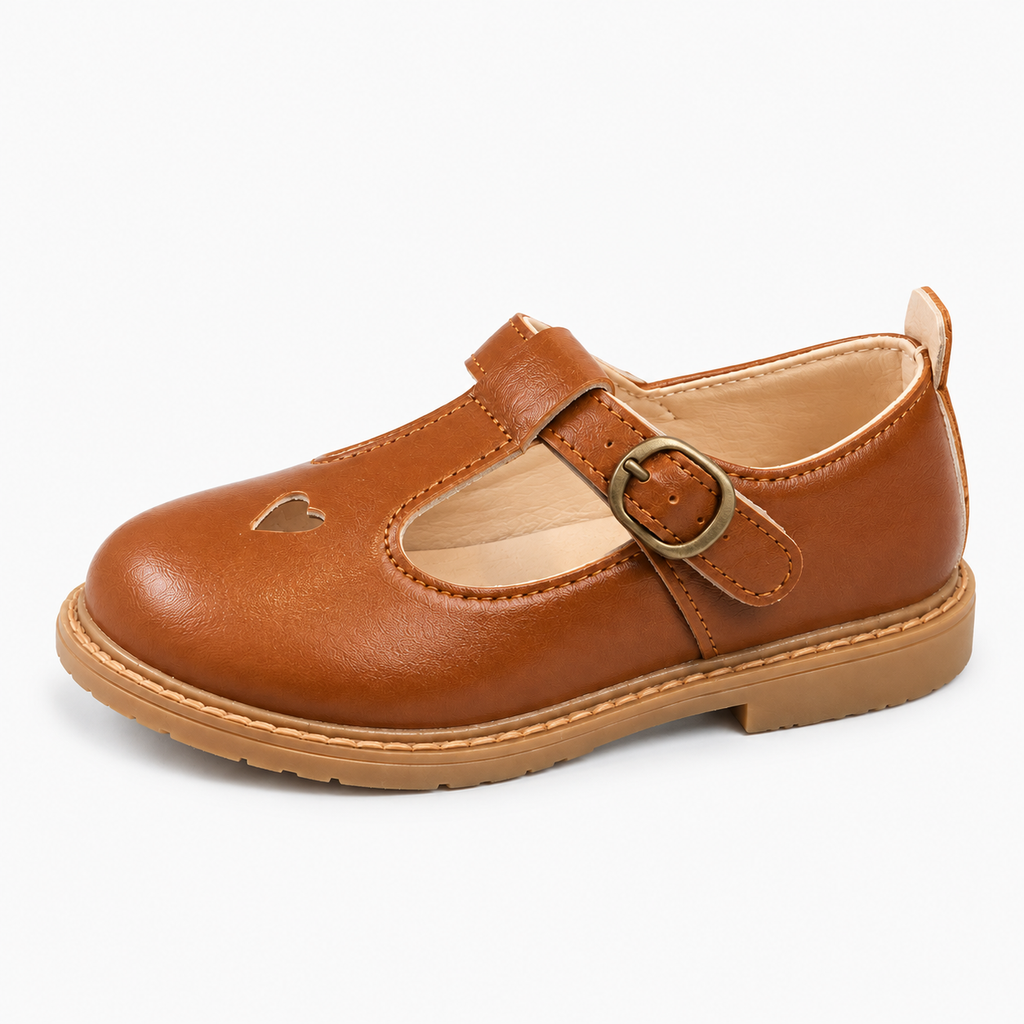 Kids School Ballet Flats Brown side view with tan stitched sole - premium kids school shoes