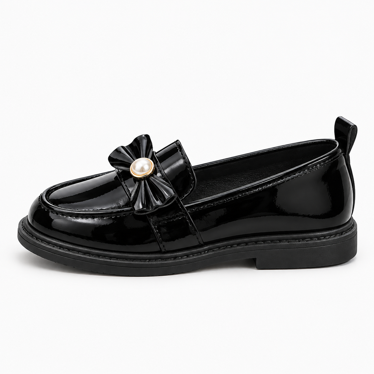 Kids Patent Bow Loafers side view with glossy black loafer and low heel - premium school shoes