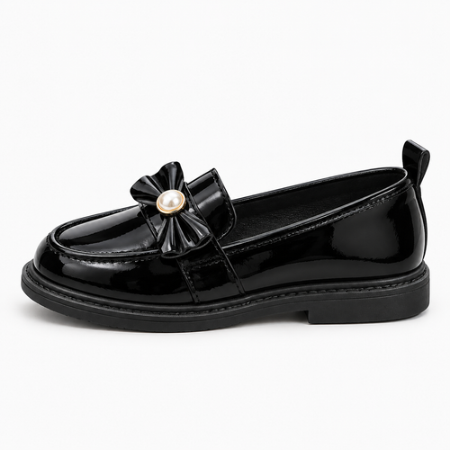 Kids Patent Bow Loafers side view with glossy black loafer and low heel - premium school shoes