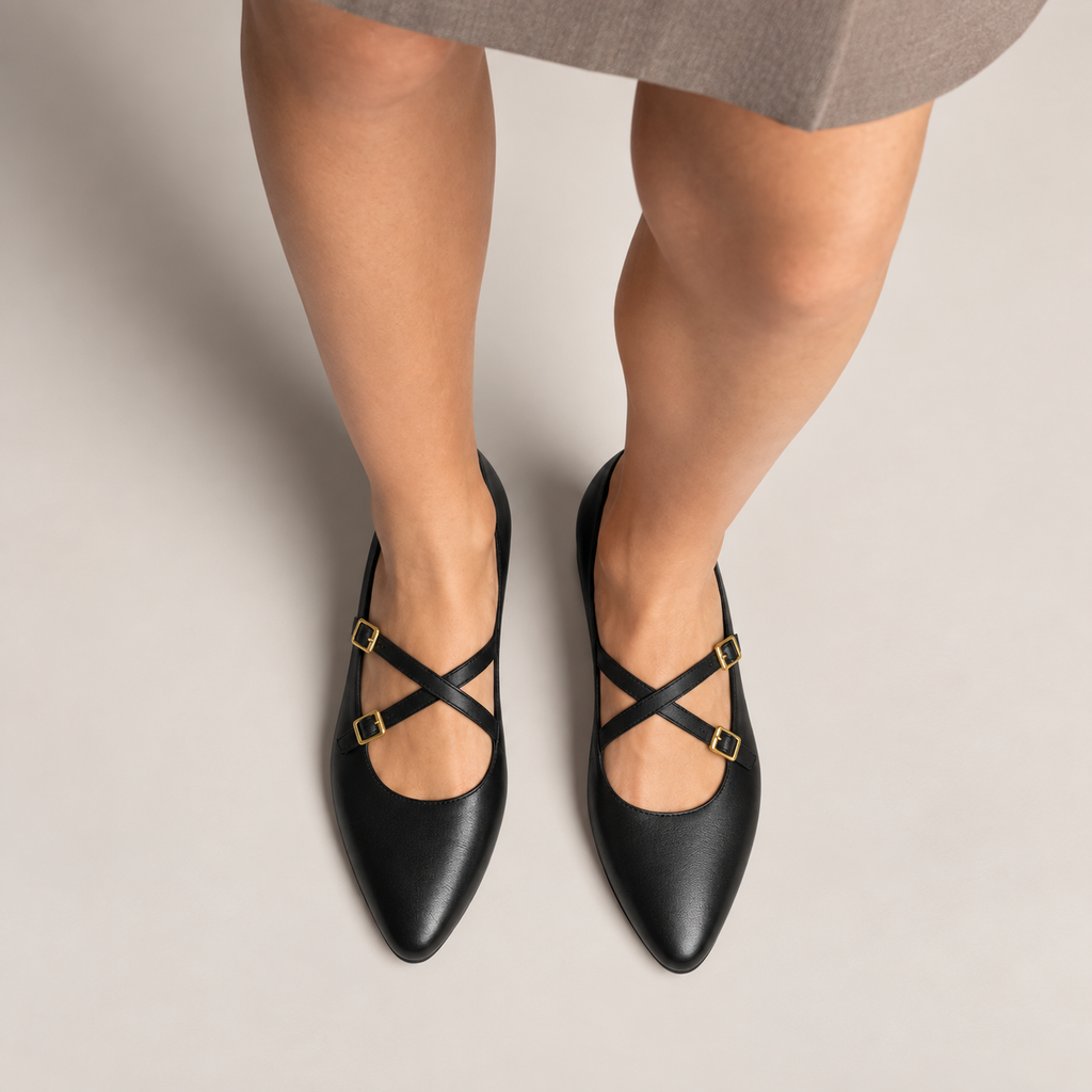 Womens Leather Cross Buckle Ballet Flats side view - women's ballet flats UK