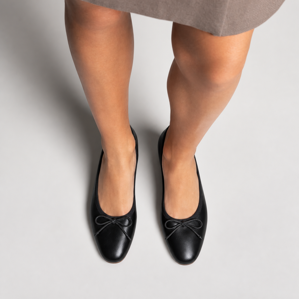 Womens Leather-Look Bow Ballet Flats worn view - ladies flat shoes UK