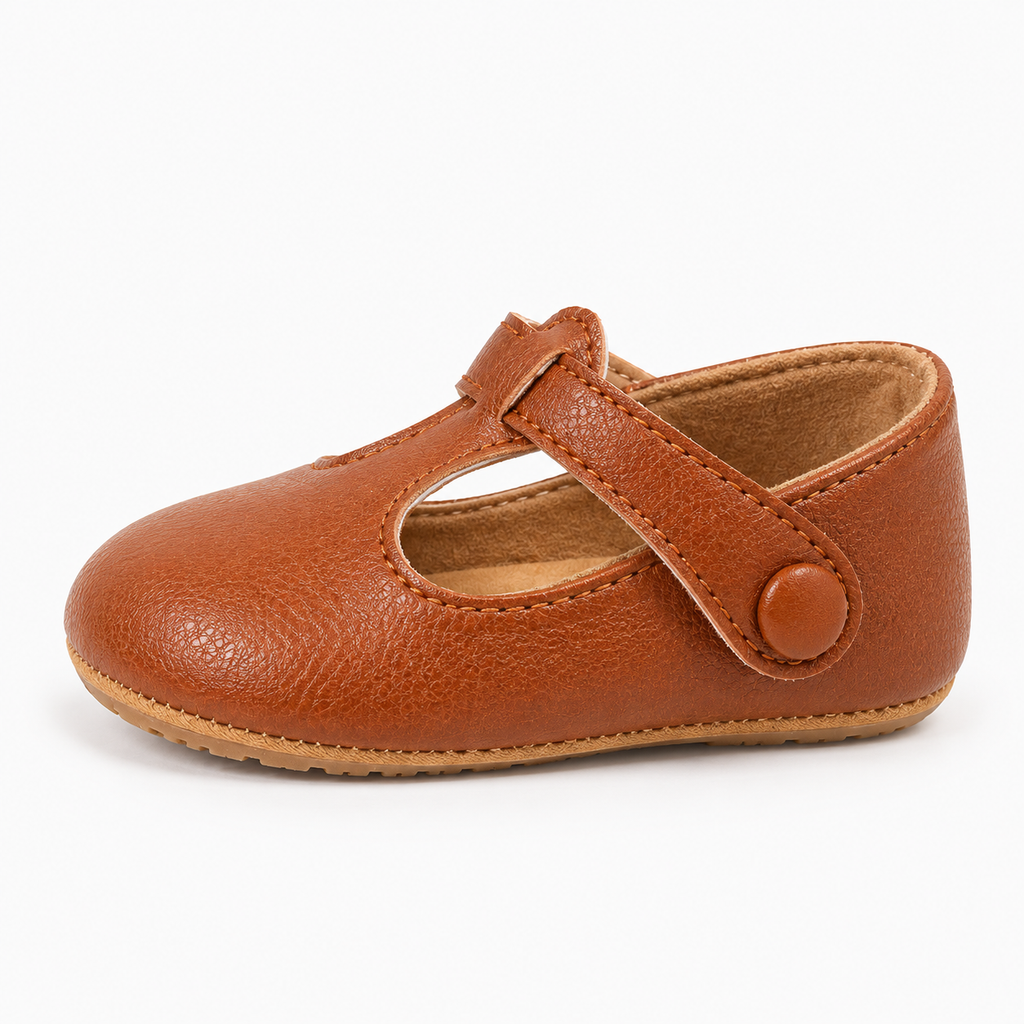 Brown baby bow leather princess ballet flats side view, soft sole baby Mary Jane shoes