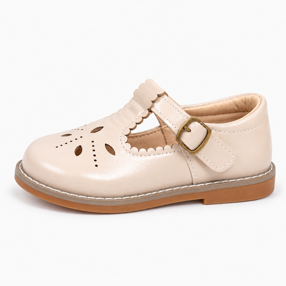 Beige Kids Mary Jane Breathable Ballet Flats side view with tan sole - premium school shoes