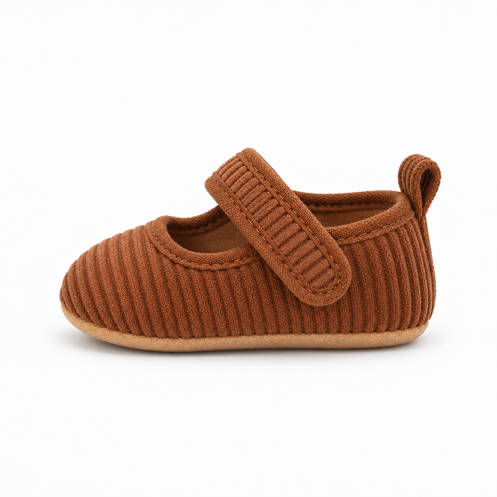 Baby Corduroy Mary Jane Shoes side view - Brown soft sole baby shoes with ribbed fabric upper
