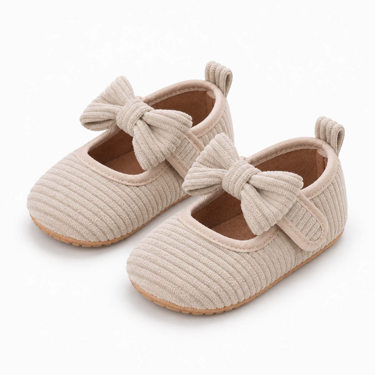 Baby Bow Corduroy Mary Jane Shoes Beige pair - premium corduroy baby Mary Jane flats