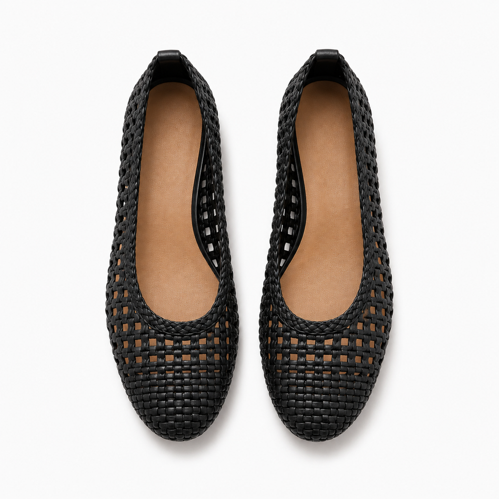 Womens Woven Mesh Ballet Flats top view pair - black woven breathable ballet shoes