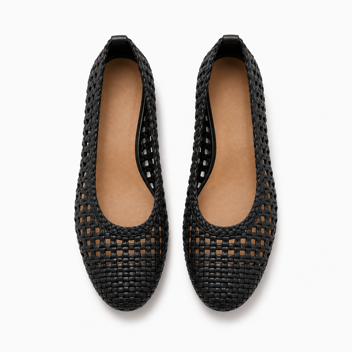 Womens Woven Mesh Ballet Flats top view pair - black woven breathable ballet shoes