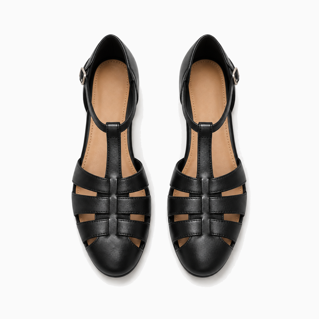 Womens Closed Toe Ankle Strap Ballet Flats cut-out detail - ladies ballet flats UK