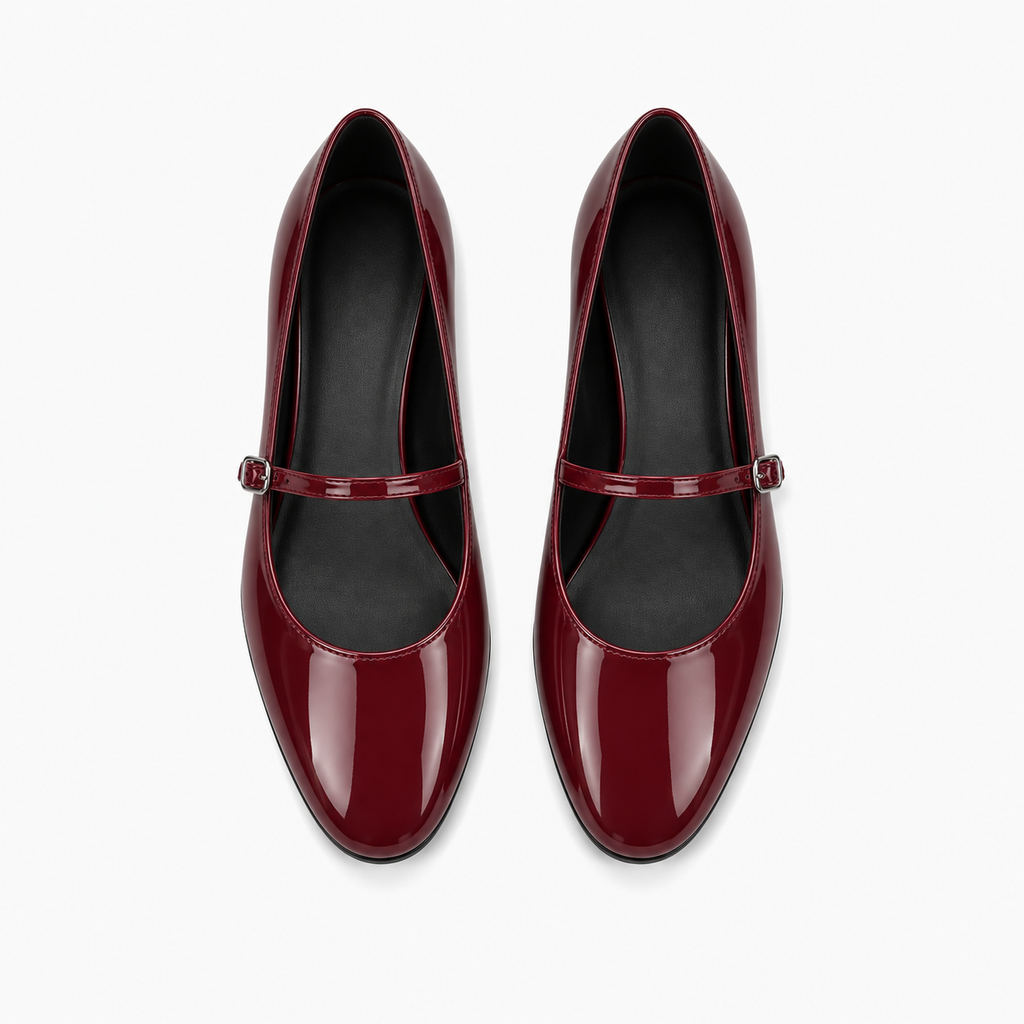 Burgundy Patent Leather Mary Jane Heels front angle - mary jane heels UK