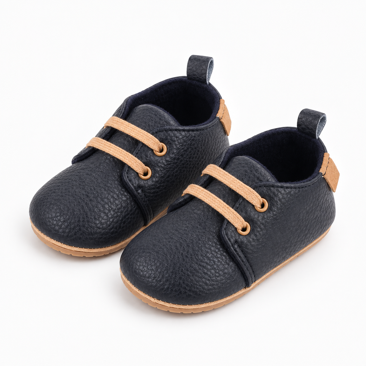 Baby Lace Up First Walker Shoes Black - paire de chaussures bebe premiers pas noires, finition cuir graine premium