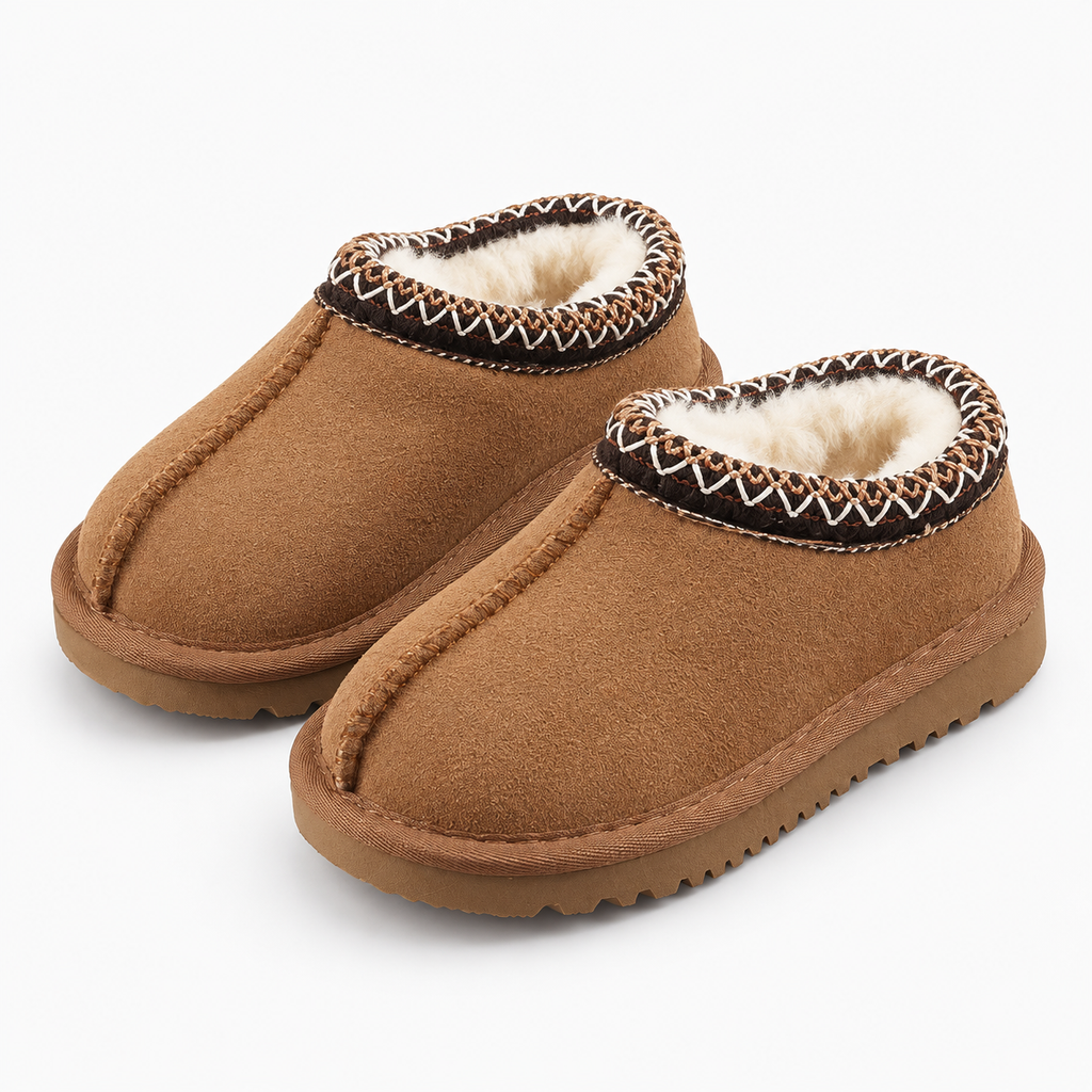 Brown kids moccasin slippers angled pair view with warm lining