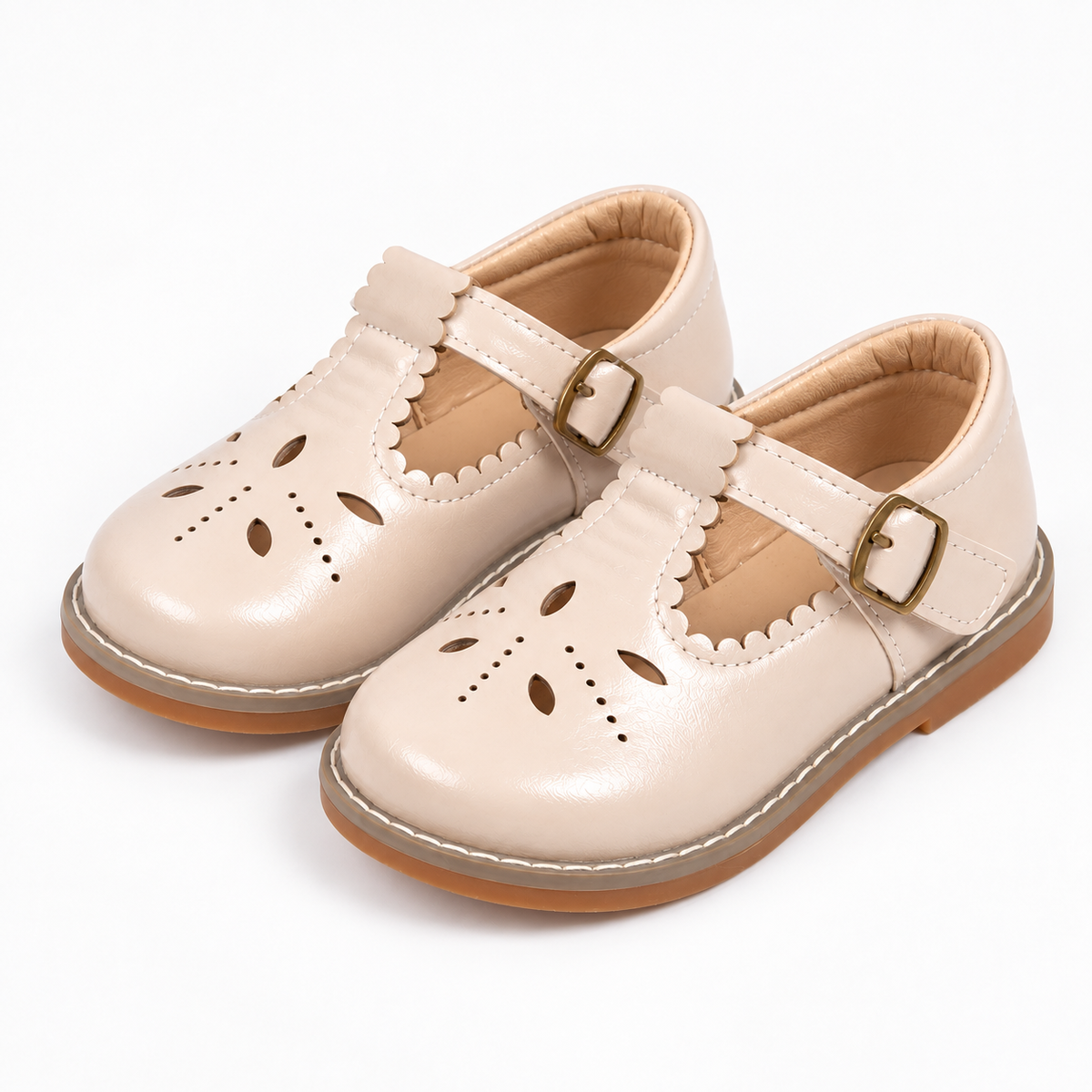 Beige Kids Mary Jane Breathable Ballet Flats pair with perforated toe and buckle strap