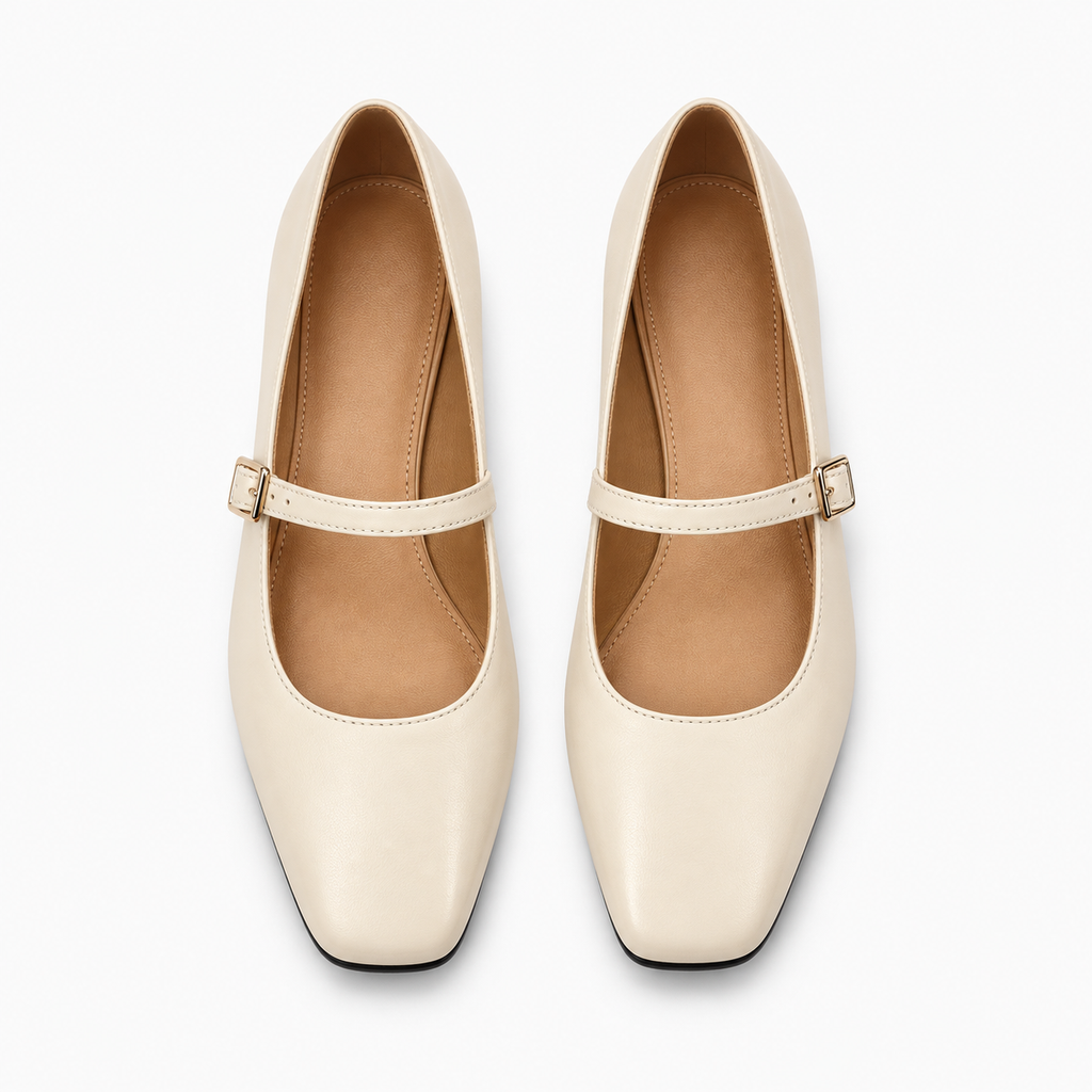 Beige square toe ballet flats - top view pair. Top view product image of beige square toe Mary Jane ballet flats, showing the tan interior, neat stitching and adjustable strap.