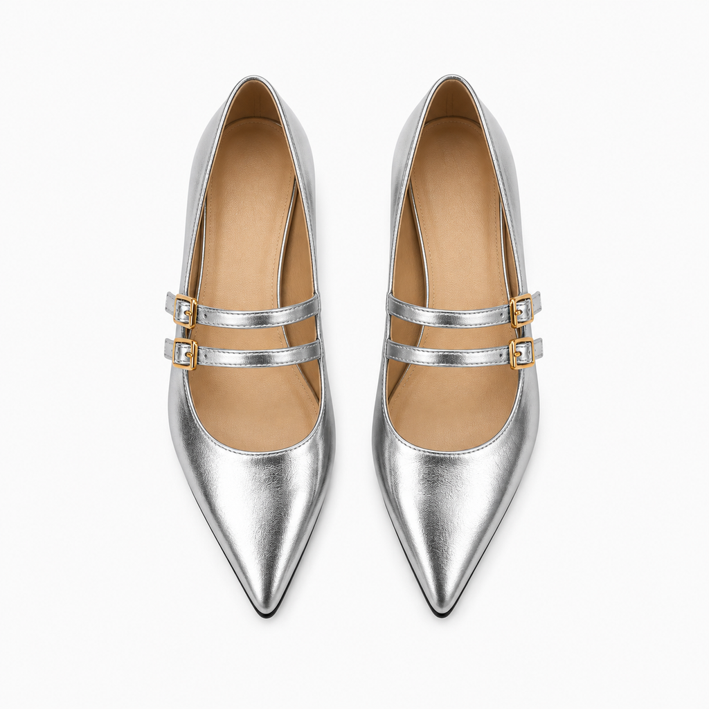Womens Silver Leather Loafers front view - silver loafers women UK