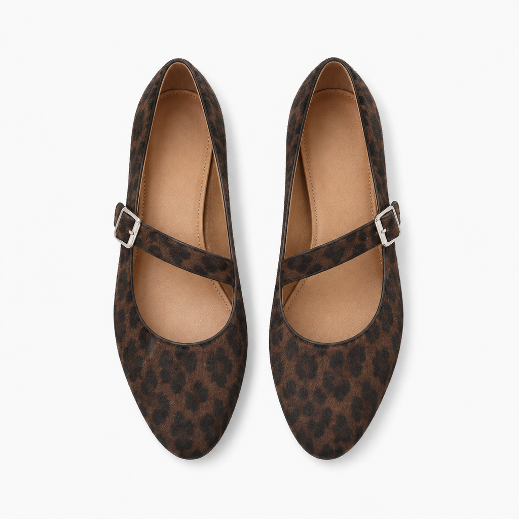 Brown leopard womens Mary Jane ballet flats with pointed almond toe