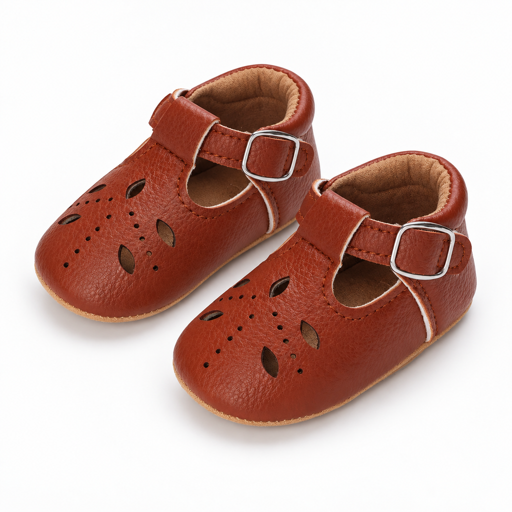 Baby Cut Out Mary Jane Shoes Brown pair view - Pair of Brown baby cut out Mary Jane shoes with decorative perforations, silver buckle and premium baby footwear finish.