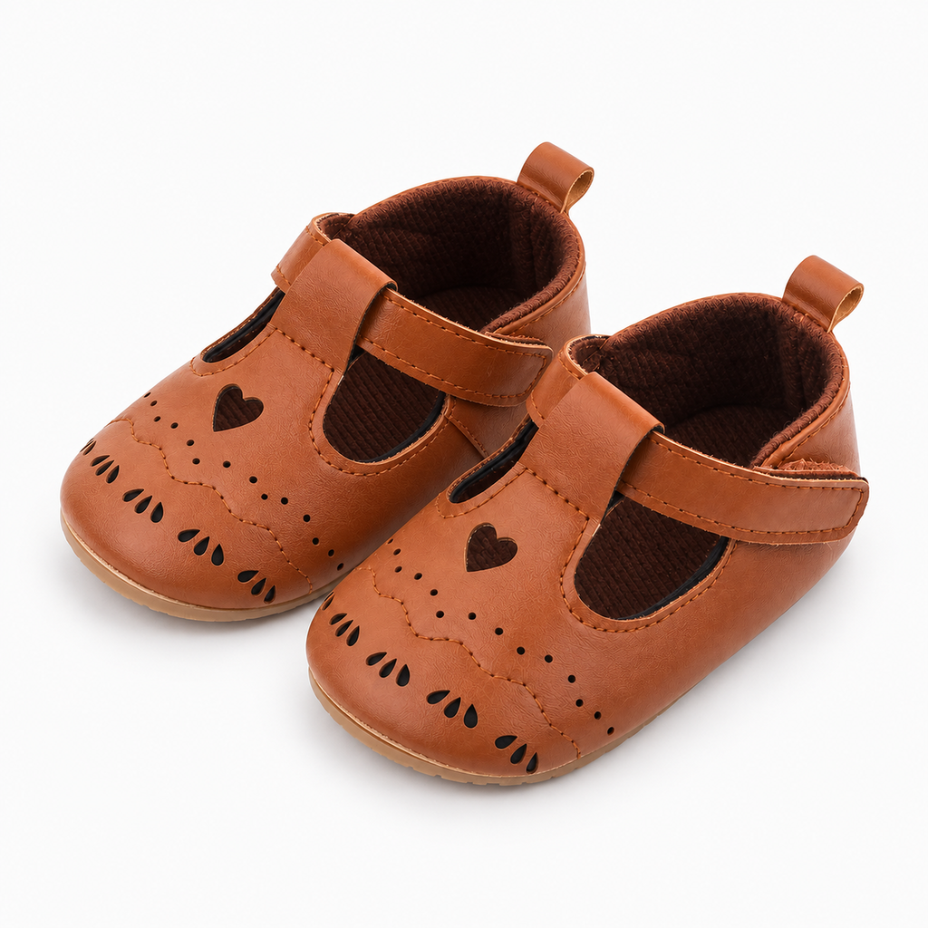 Baby Prewalker Ballet Flats Brown - paire de chaussures bébé à bride avec découpes coeur