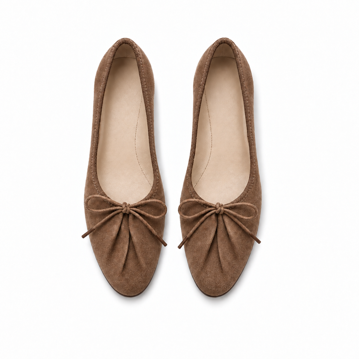 Brown suede lace up ballet flats top view pair with bow laces, folded vamp and rounded almond toe