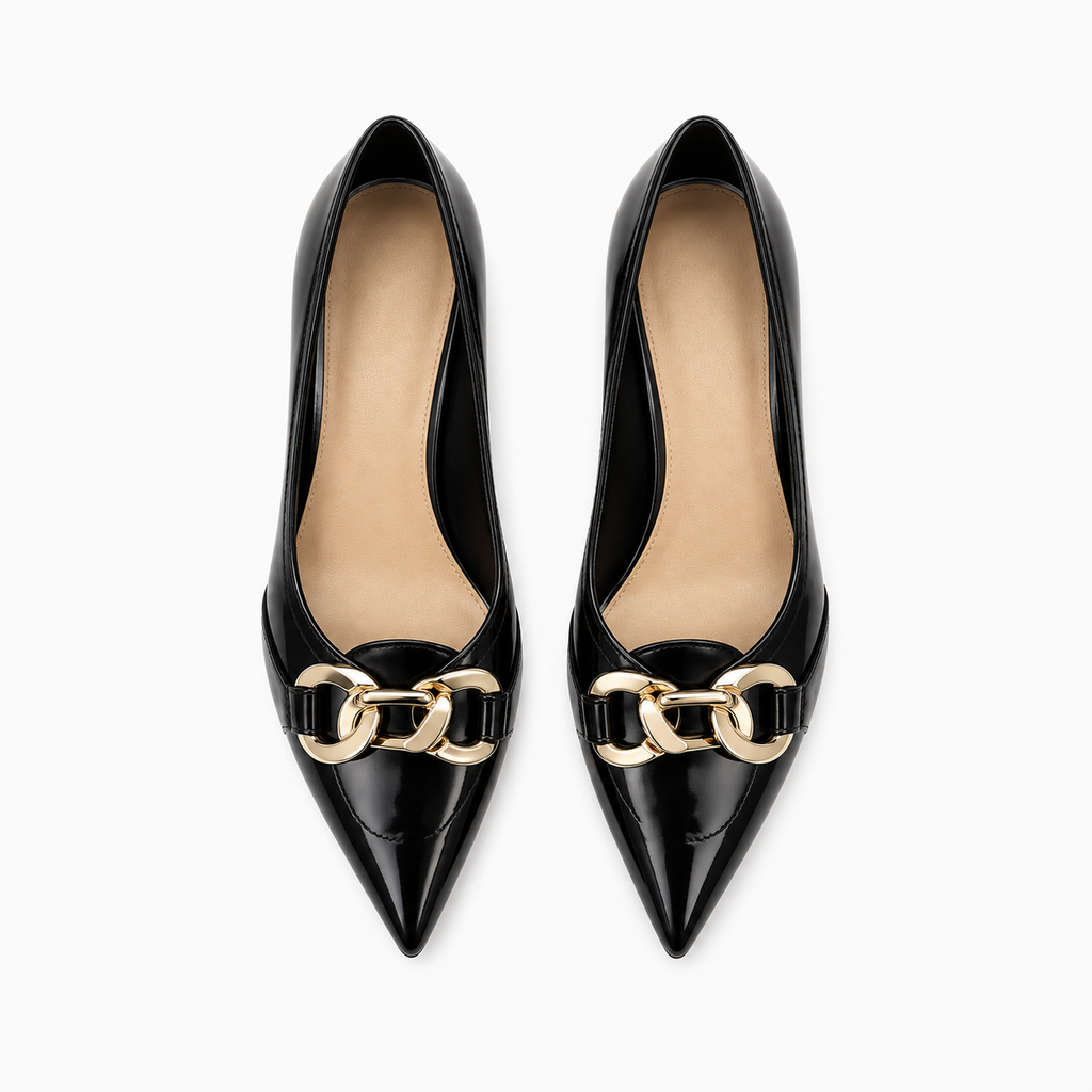 Womens Pointed Toe Metal Buckle Ballet Flats detail view - women's ballet flats UK