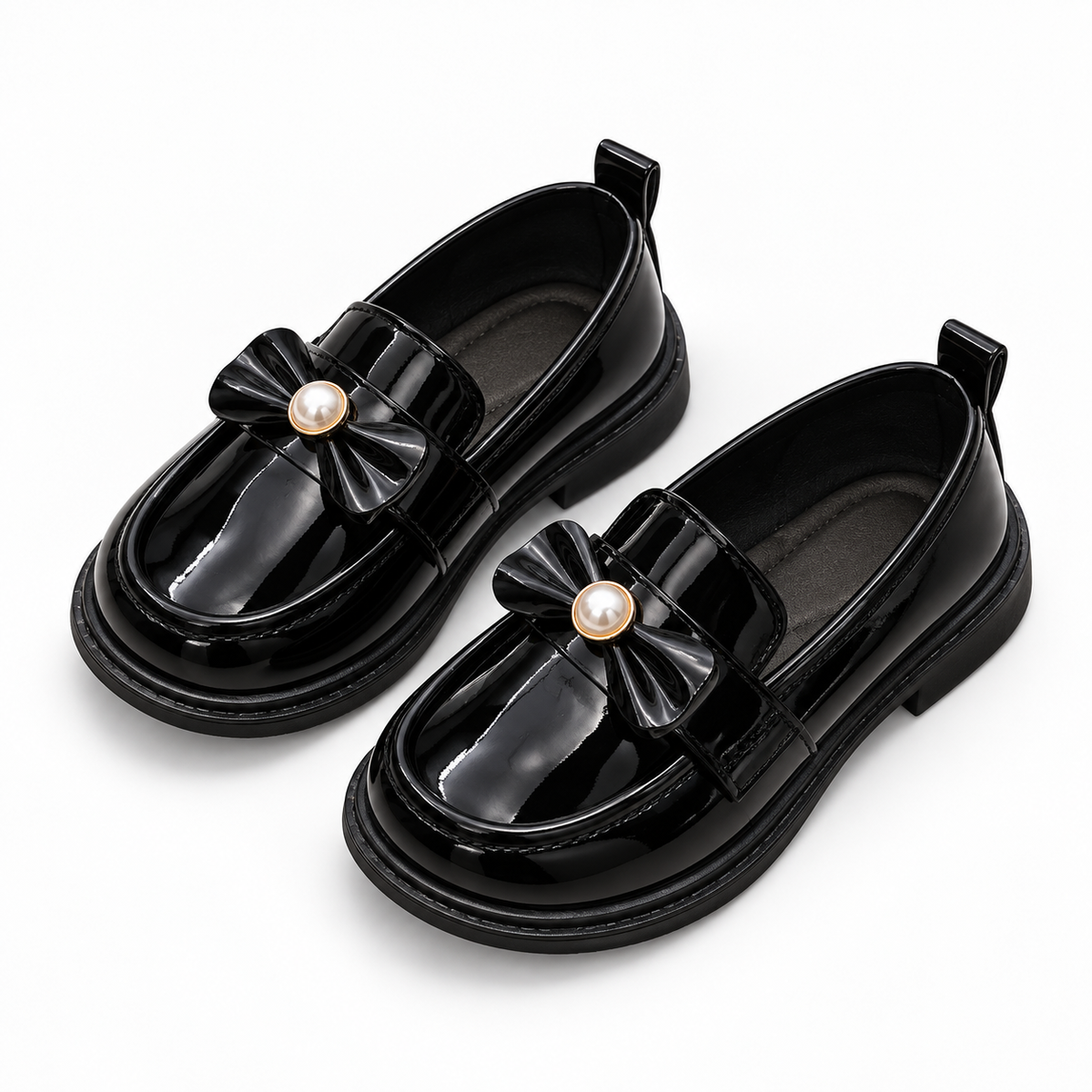 Kids Patent Bow Loafers pair with patent finish, bow and pearl detail