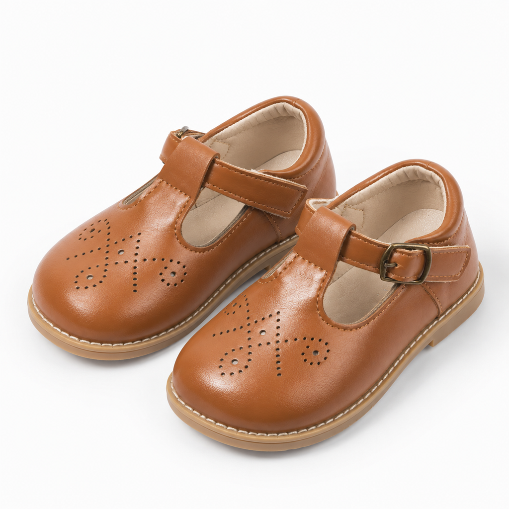 Kids Leather Walking Retro Ballet Flats Light Brown - paire de chaussures enfant retro en cuir