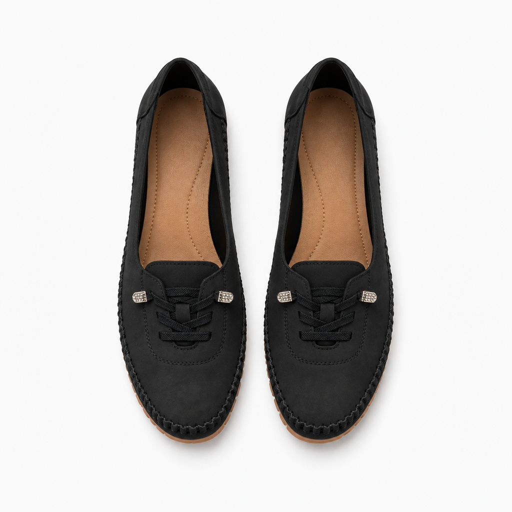 Black womens soft round toe comfort loafers top view, soft moccasin stitching and tidy lace detail