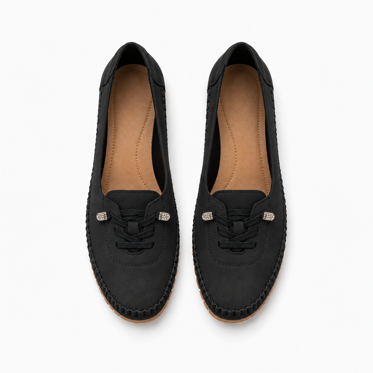 Black womens soft round toe comfort loafers top view, soft moccasin stitching and tidy lace detail