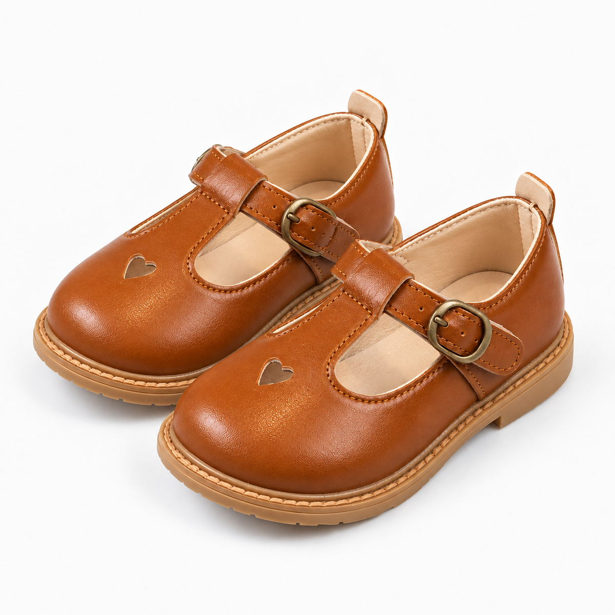 Kids School Ballet Flats Brown pair product photo with heart cutout and buckle strap