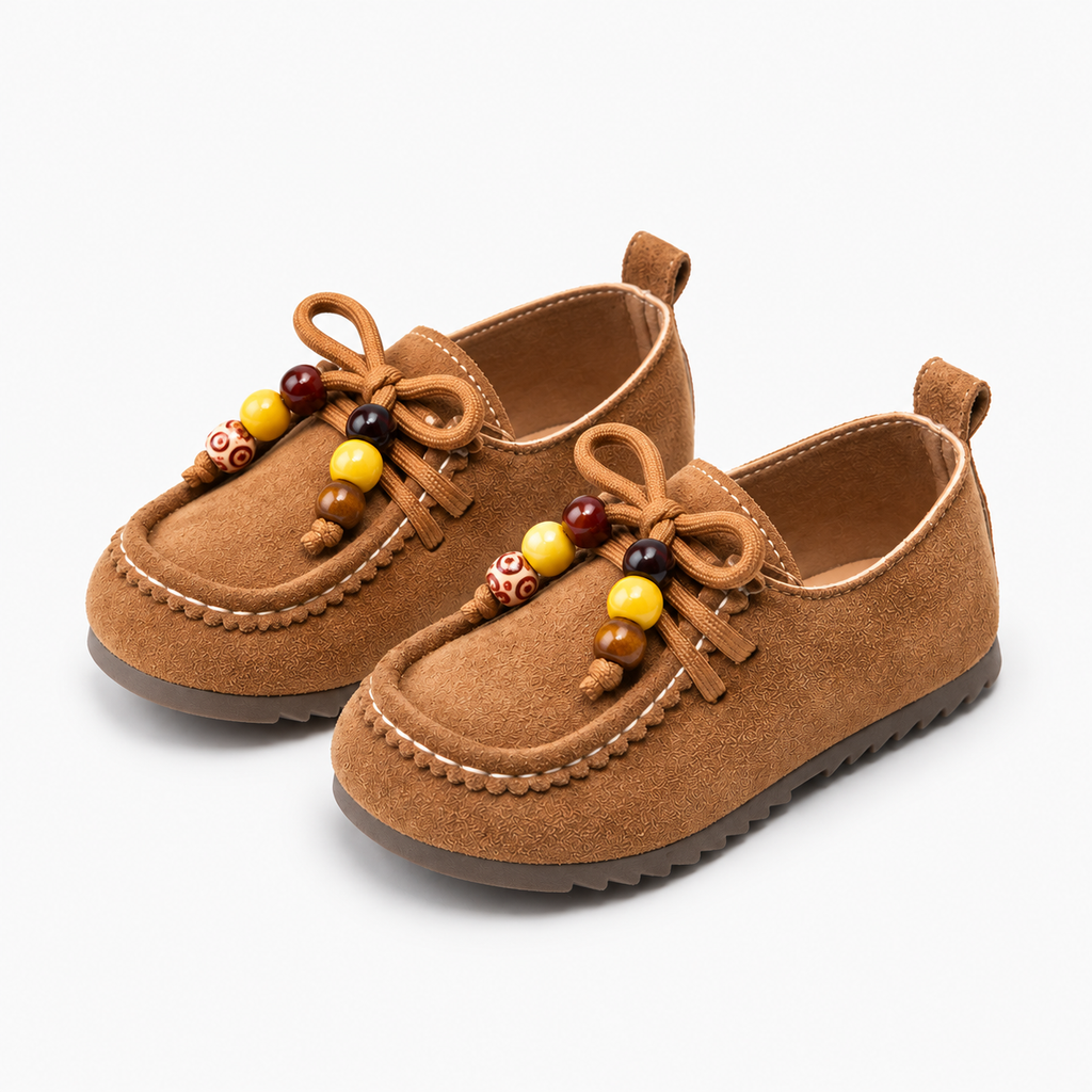 Kids Soft Sole Retro Loafers Brown pair - soft toddler moccasin shoes with beaded lace detail