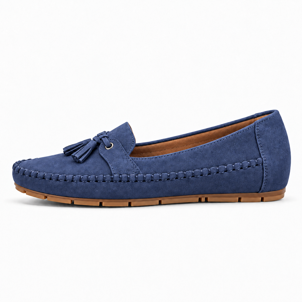 Womens Soft Sole Walking Loafers in Blue - side view with tassel detail, moccasin stitching and flexible driving sole
