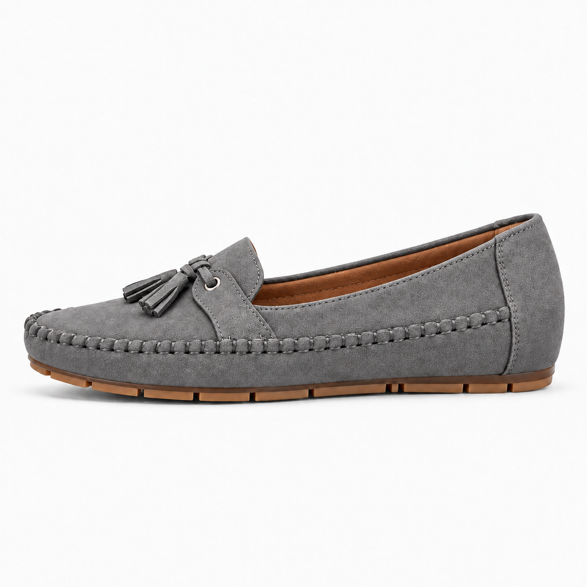Womens Soft Sole Walking Loafers in Gray - side view with tassel detail, moccasin stitching and flexible driving sole