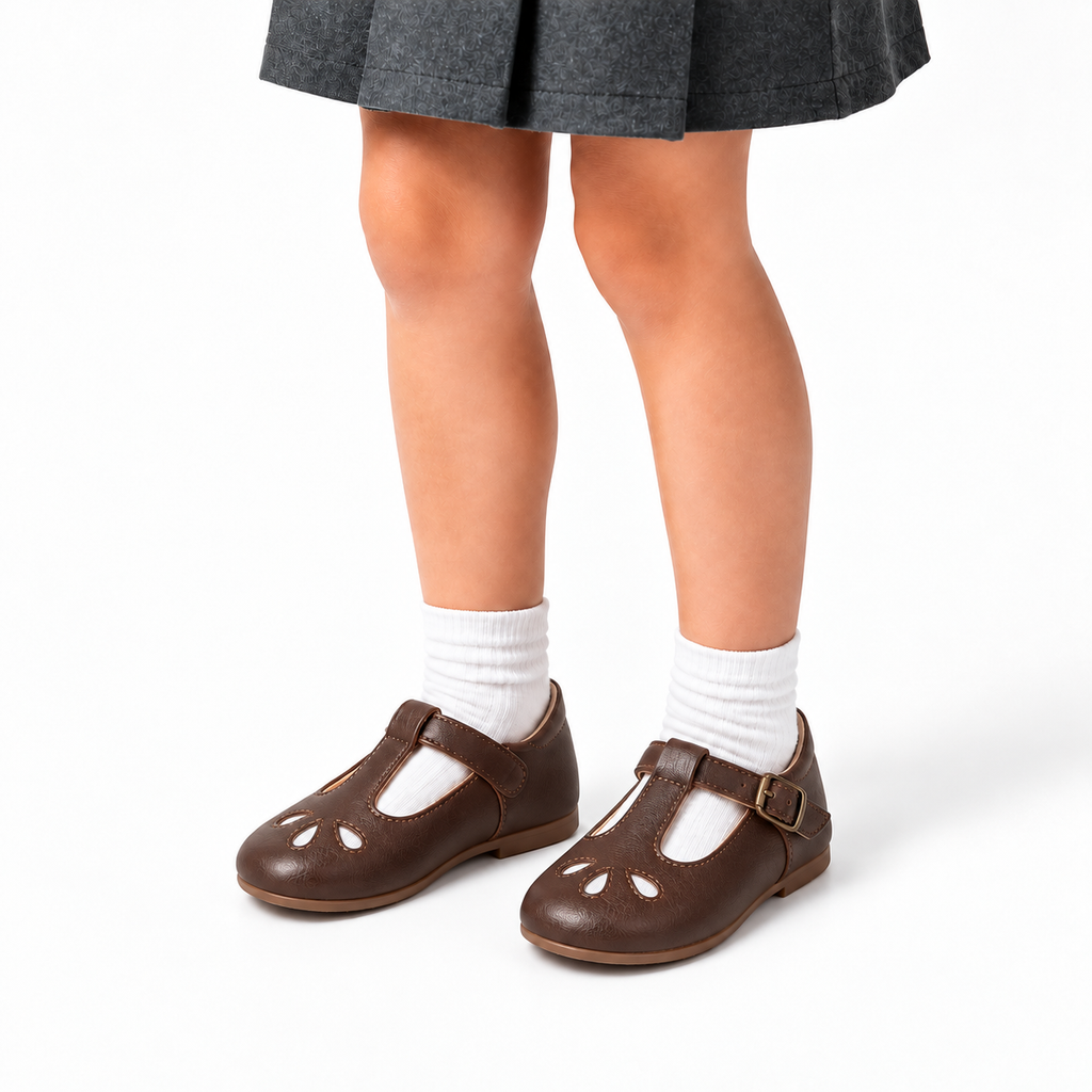 Kids school soft sole ballet flats worn with white socks showing teardrop cutout details