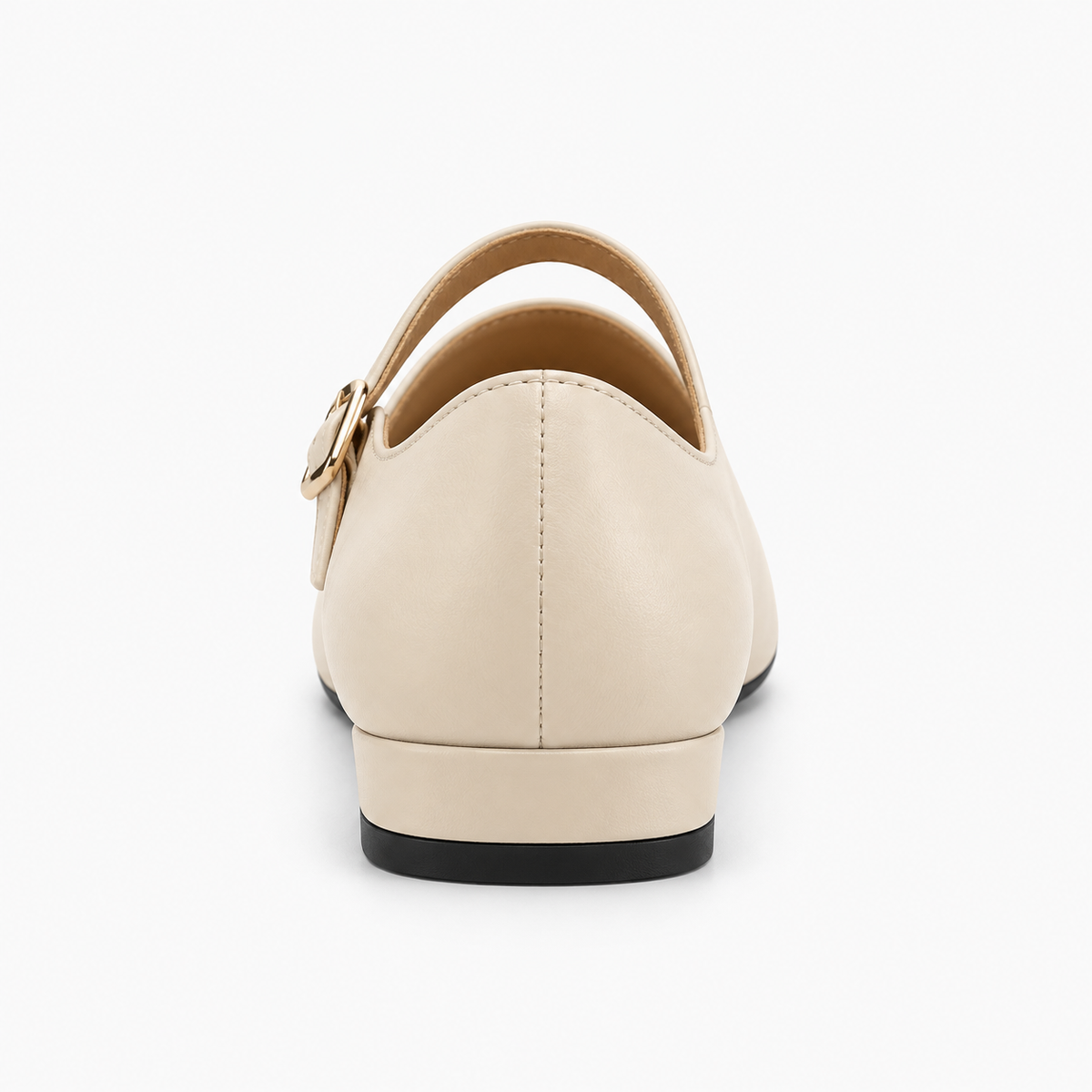 Beige square toe ballet flats - rear view. Rear studio view of beige square toe ballet flats with low heel, clean stitching, tan lining and black outsole detail.