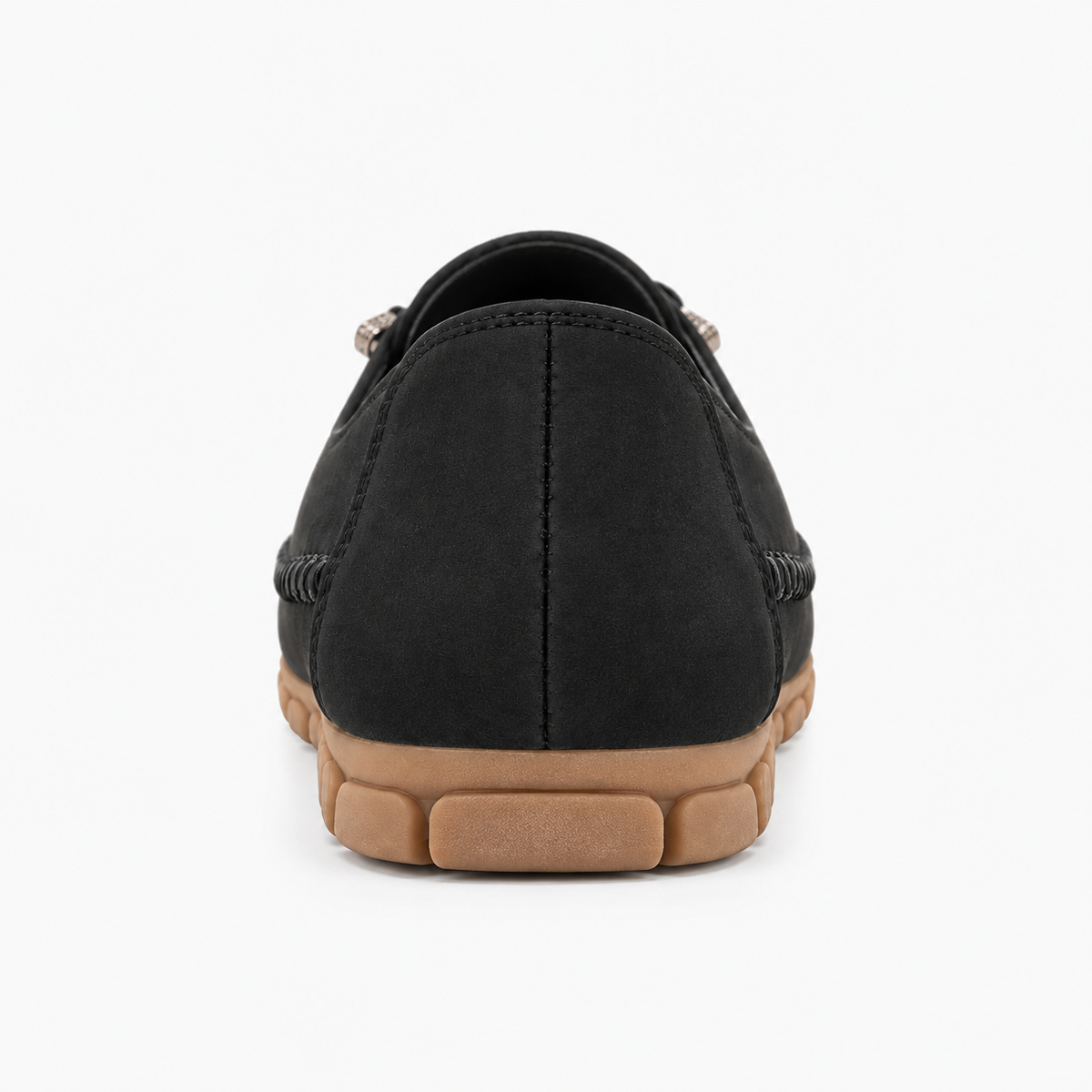 Black womens soft round toe comfort loafers rear view, low flexible sole and cushioned heel design