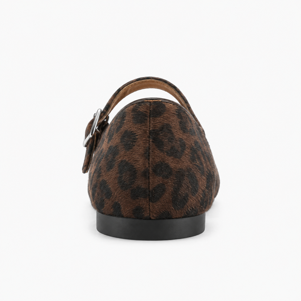 Womens animal print Mary Jane flats front view with buckle strap